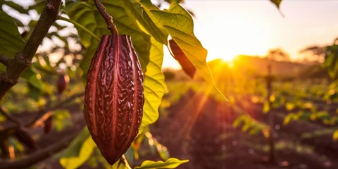 Foto op Plexiglas As the Sun Sets, Cocoa Beans Thrive in a Tropical Field: Organic Farming Yields Fresh and Ripe Cocoa Pods, the Essence of Chocolate, Generative AI © Ben