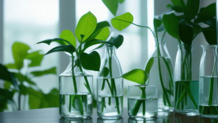 Many green plants in test tubes