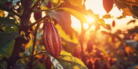 Fototapeten As the Sun Sets, Cocoa Beans Thrive in a Tropical Field: Organic Farming Yields Fresh and Ripe Cocoa Pods, the Essence of Chocolate, Generative AI © Ben