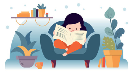 A girl sits in a soft chair and reads a newspaper, a homely atmosphere with flowers and a shelf with books, a pleasant relaxation vector illustration. Очень приятная иллюстрация девочка читает газету