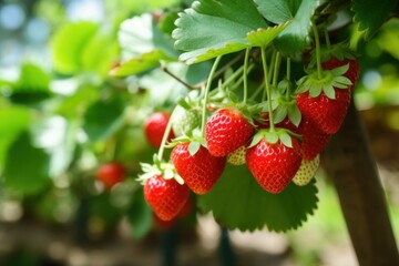 Ripe Strawberries Cluster in a Garden. Generative AI.