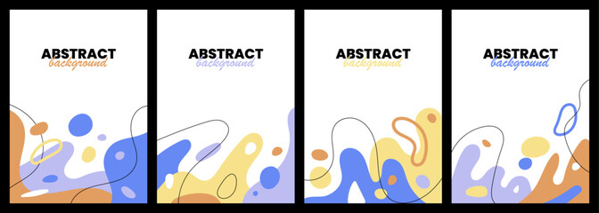 Hand drawn abstract colorful background set. Modern cards with creative trendy fluid shapes, doodle organic elements. Contemporary minimalist covers. Colored flat vector illustrations. - obrazy, fototapety, plakaty