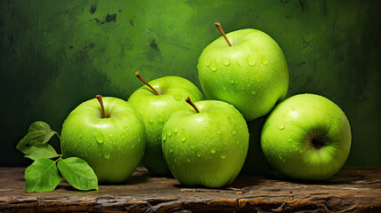 Fresh green apples on a contrasting rustic brown background, highlighting their crisp texture and vibrant green hues Ai Generative - obrazy, fototapety, plakaty