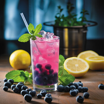 fotografia con detalle de vaso de cristal con limonada y arandanos