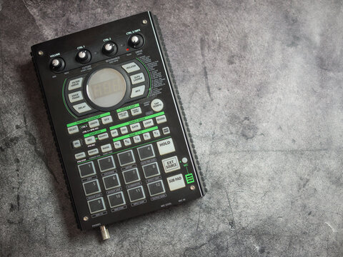 DJ drum machine. Professional audio equipment of a disc jockey close-up.