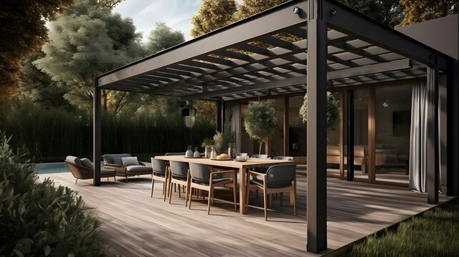 Modern patio furniture includes a pergola shade structure, an awning, a patio roof, a dining table, seats, and a metal grill.
