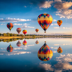Obraz premium Fotografia con detalle de paisaje natural con globos aerostaticos reflejados en un lago de aguas tranquilas