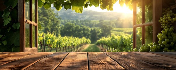 Empty wooden table with vineyard view out of open window, morning light - obrazy, fototapety, plakaty