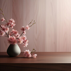 Fotografia con detalle de superficies de madera con pequeños jarron y flores de tonos rosados