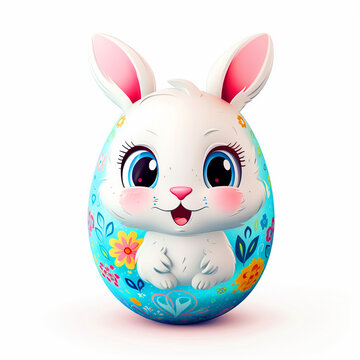 Easter bunny with ears painted Easter egg on white isolated background - ai generative