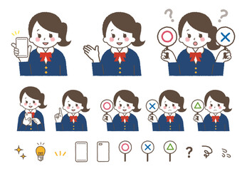 様々なジェスチャーをする女の子。指差しやマルバツ問題、スマホで紹介。