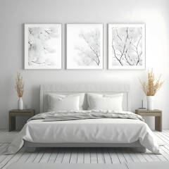 create a fresh korean bedroom white wall with three blank square wall frames for mockups ar 22 17