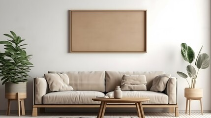 Blank wooden picture frame mockup on wall in modern interior. Horizontal artwork template mock up for artwork, painting, photo or poster in interior design.