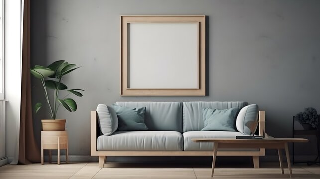 Blank wooden picture frame mockup on wall in modern interior. Horizontal artwork template mock up for artwork, painting, photo or poster in interior design.