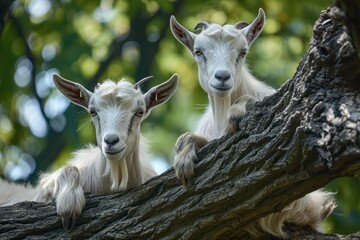 Goats on the branches of a large green tree in the desert