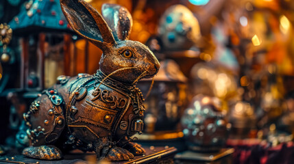 Easter, Steampunk-style mechanical rabbit with intricate metal details and gears.