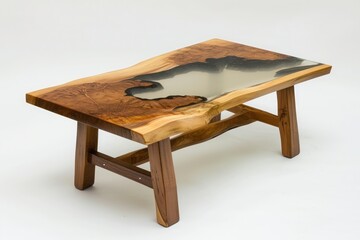 Scandinavian solid wood coffee table with epoxy resin top on white background