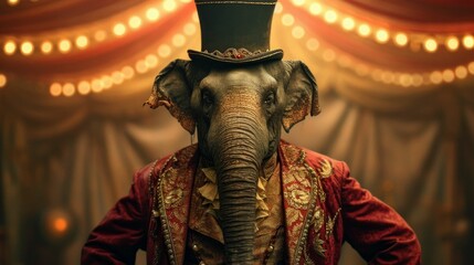 A captivating portrait of an elephant dressed as a circus ringleader, complete with a top hat