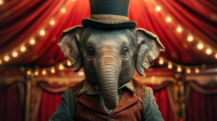 A captivating portrait of an elephant dressed as a circus ringleader, complete with a top hat