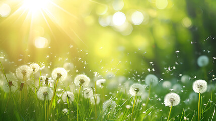 Fototapeta premium Airy dandelions scattered across the sunlit grass