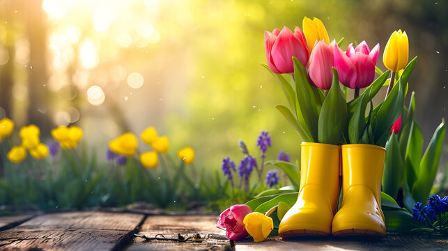 Spring tulips in yellow boots on a wooden table, garden background