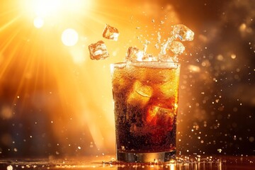A foggy glass of soda with ice cubes flies upward on bright background