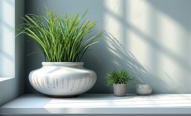 ceramic white plates next to a contemporary table vase with green plants, on a white table, with a white background, with copy space