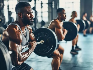 Focused individuals are lifting heavy barbells in a gym, displaying determination and dedication to their strength training regimen. - obrazy, fototapety, plakaty