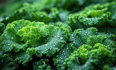 Closeup Macro picture of kale leaves with water droplets