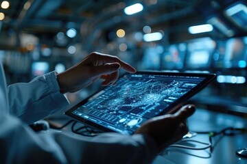 Using a digital tablet to analyze data and visualize information in a high-tech environment with screens displaying various metrics