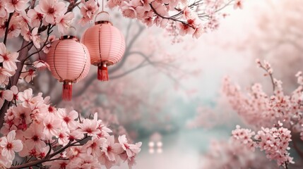 A delicate border inspired by the Cherry Blossom Festival, featuring pink cherry blossoms, traditional Japanese lanterns