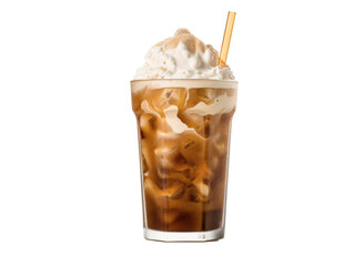 a glass of brown liquid with whipped cream and straw - obrazy, fototapety, plakaty