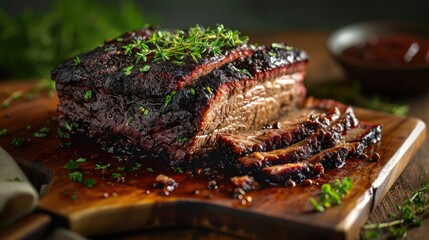 smoked brisket with a flame-kissed edge, adorned with fresh herbs, under the beautiful sunlight of a serene country setting