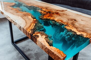 Scandinavian solid wood dining table with epoxy resin top - obrazy, fototapety, plakaty