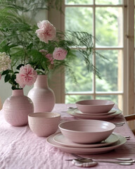 Fototapeta na wymiar pink set up dining table with flowers. table setting