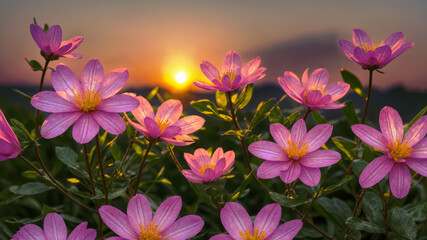 Beautiful flowers on the background of the sunset. AI
