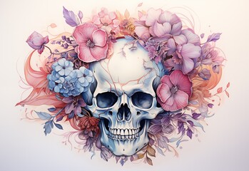 Cute skull in watercolor design. Watercolor skull with flowers, Floral background. 
