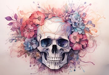 Papier Peint photo Crâne aquarelle Cute skull in watercolor design. Watercolor skull with flowers, Floral background. 