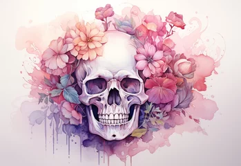 Papier Peint photo Crâne aquarelle Cute skull in watercolor design. Watercolor skull with flowers, Floral background. 