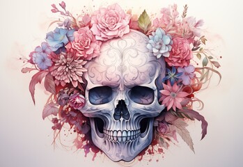 Cute skull in watercolor design. Watercolor skull with flowers, Floral background. 
