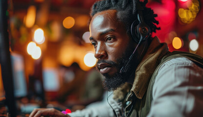 Obraz premium Portrait of customer service man working on computer in call center
