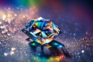 A sparkling diamond with facets reflecting rainbow hues under soft lighting. - obrazy, fototapety, plakaty
