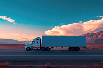 Cargo truck in motion with a white empty trailer on a highway road in the united states.