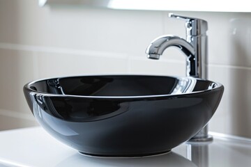 Black ceramic round sink and chrome faucets in the bathroom. Minimalist modern bathroom interior design.