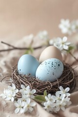 Fototapeta na wymiar Beautiful decorated Easter eggs in a nest. Spring holiday