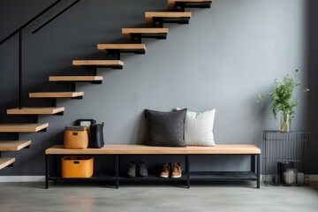 Entrance hall with staircase. Wooden bench against gray wall and modern staircase