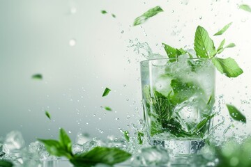 A foggy glass of mojito with ice cubes and mint leaves flies upward on bright background with copy space