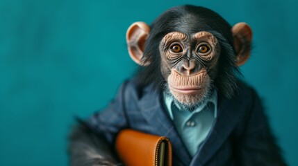 A humorous portrait of a monkey dressed in a business suit, holding a briefcase - obrazy, fototapety, plakaty