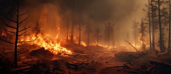 Wildfire scorches forest, burning fallen tree to ground with smoke.