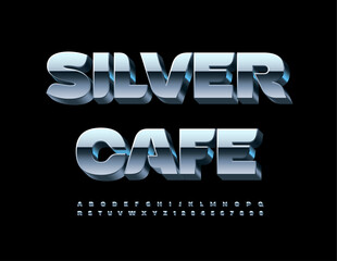 Vector trendy logo Silver Cafe. Modern Metallic 3D Font. Reflective Silver Alphabet Letters and Numbers.